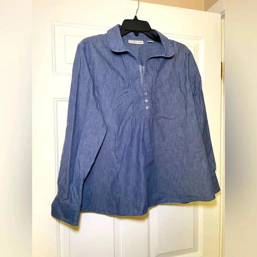 Coldwater Creek Woman’s Denim Blouse Size PXL 18 Collared Placard Buttons V Neck